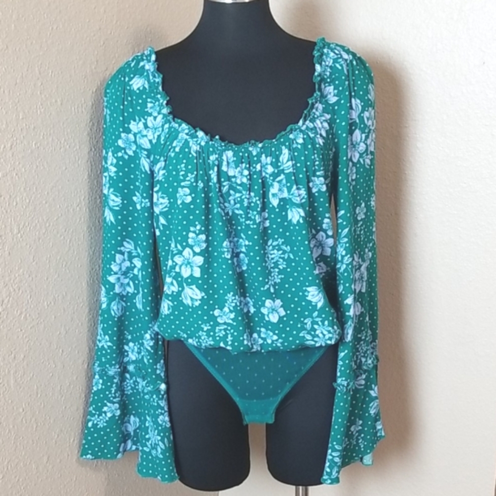 Free People Green Print Long Sleeve Bodysuit